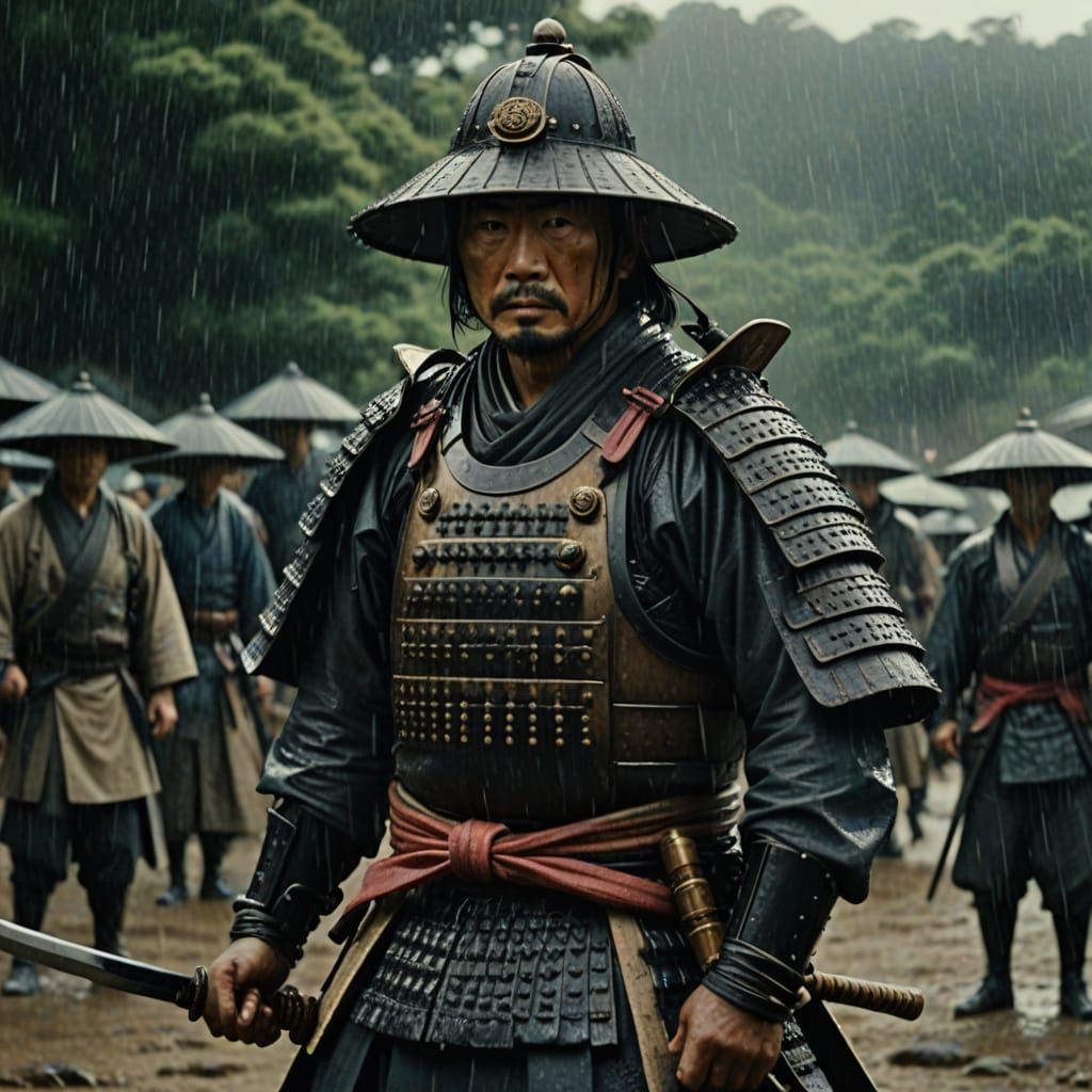Samurai in Rainy Cinematic Still, Kurosawa Style