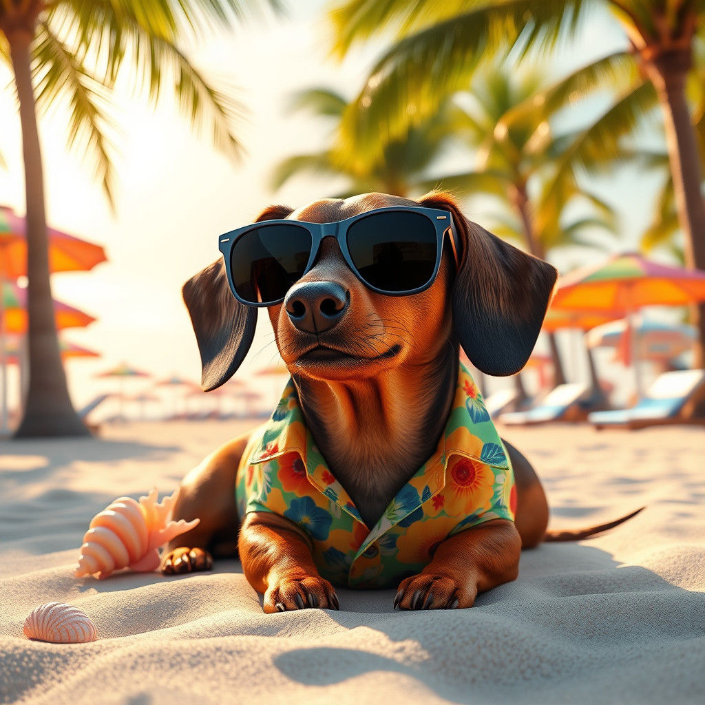 Dachshund in Sunglasses Sunbathing on Tropical Beach