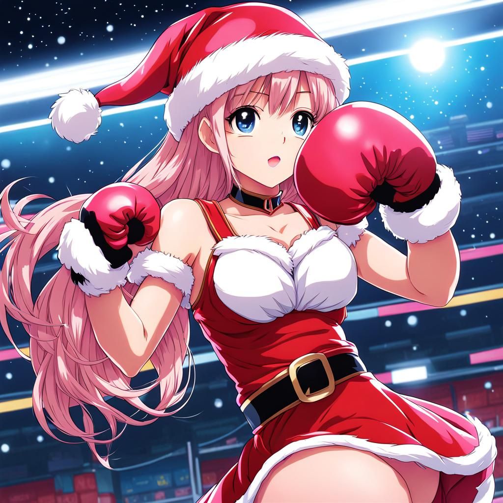 Girl in Santa Dress with Boxing Gloves, Anime Style
