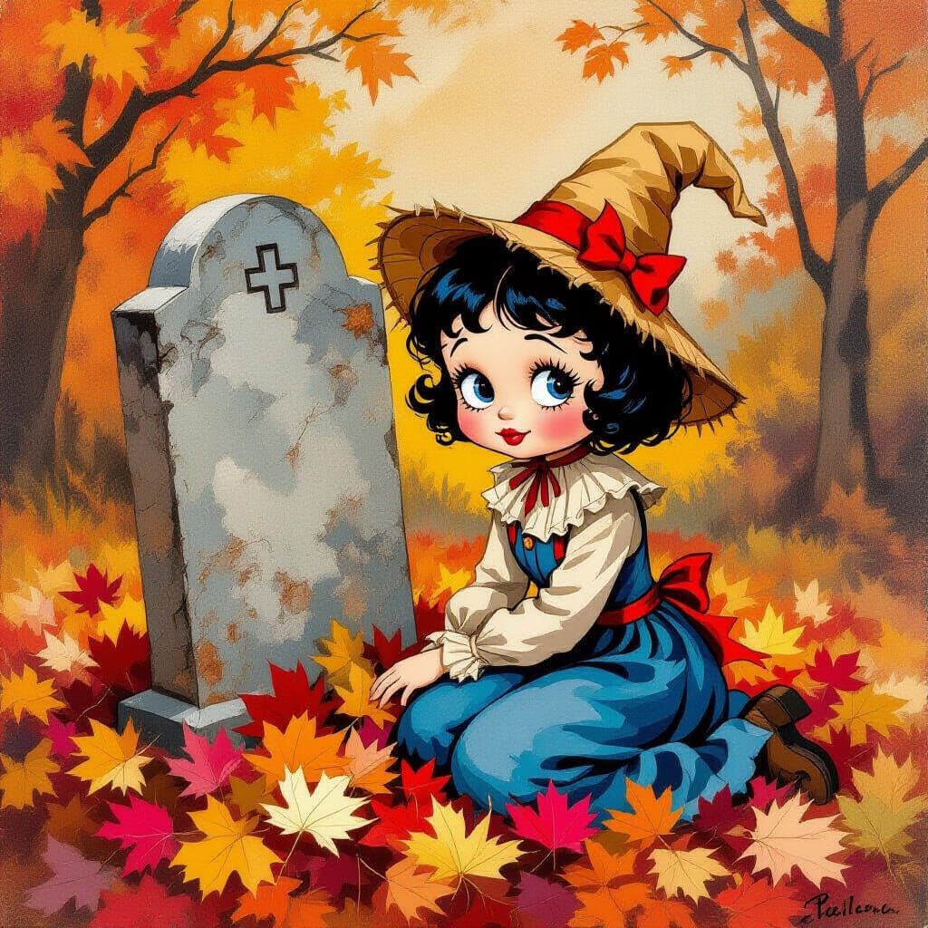 Scarecrow Girl in Autumn Leaves: Fauvist Cartoon Nightmare