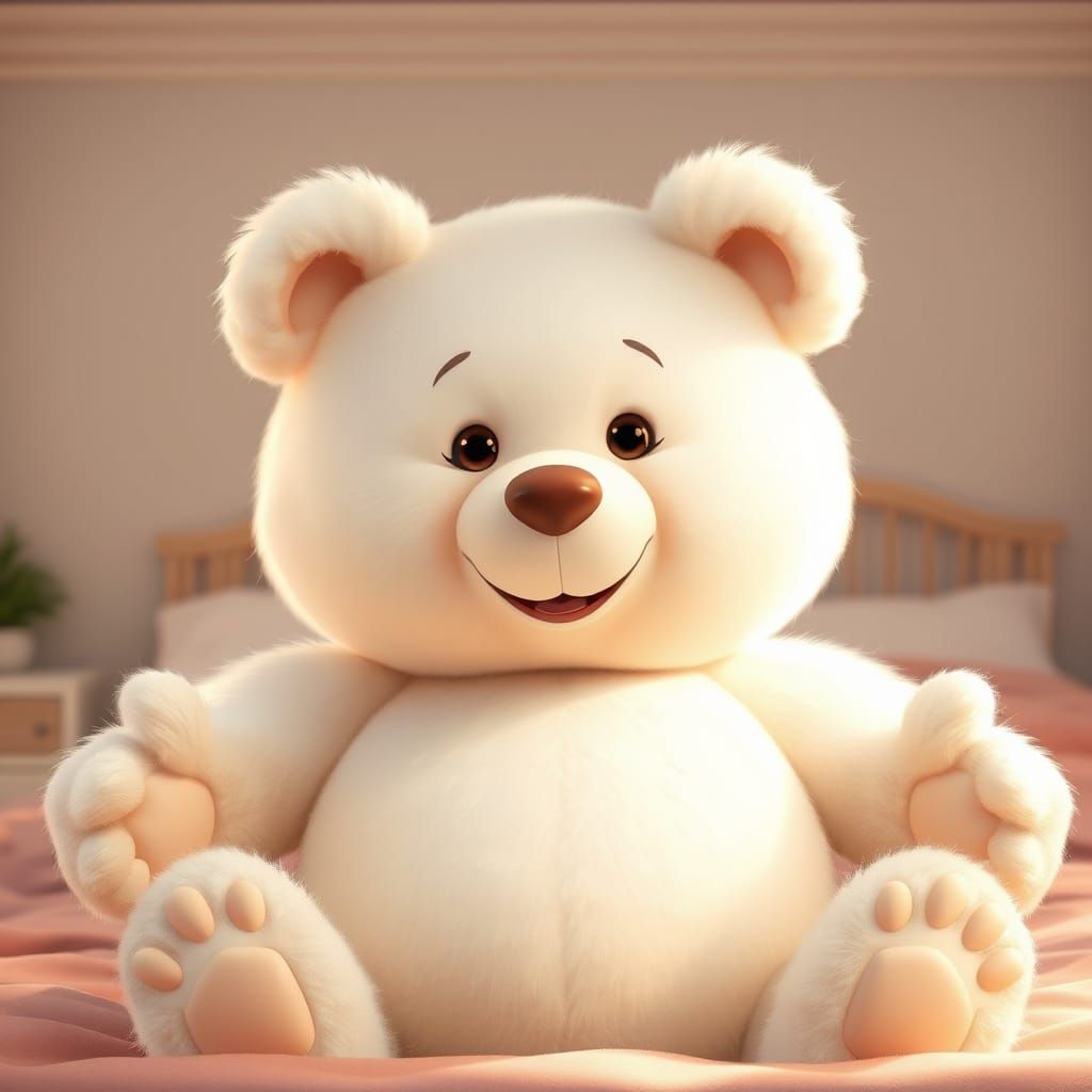 Giant Plush Teddy Bear Offers Hugs in Dreamy Bedroom