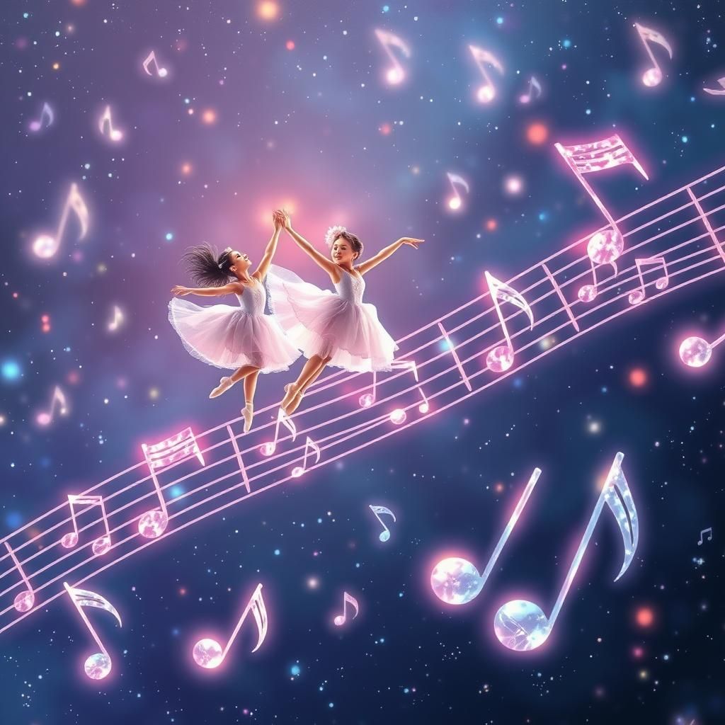 Ballerinas Dancing on Crystal Music Notes