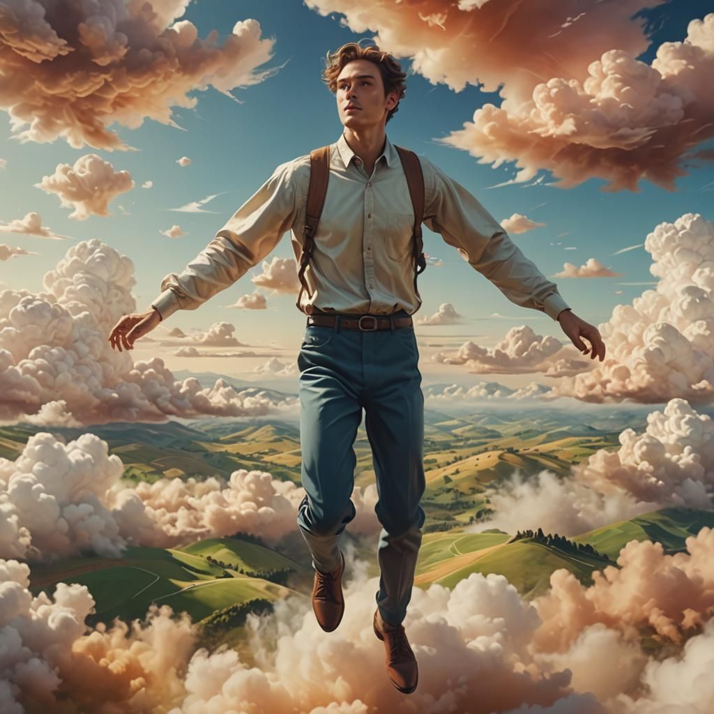 Surreal Person Flying Through Dreamy Landscape