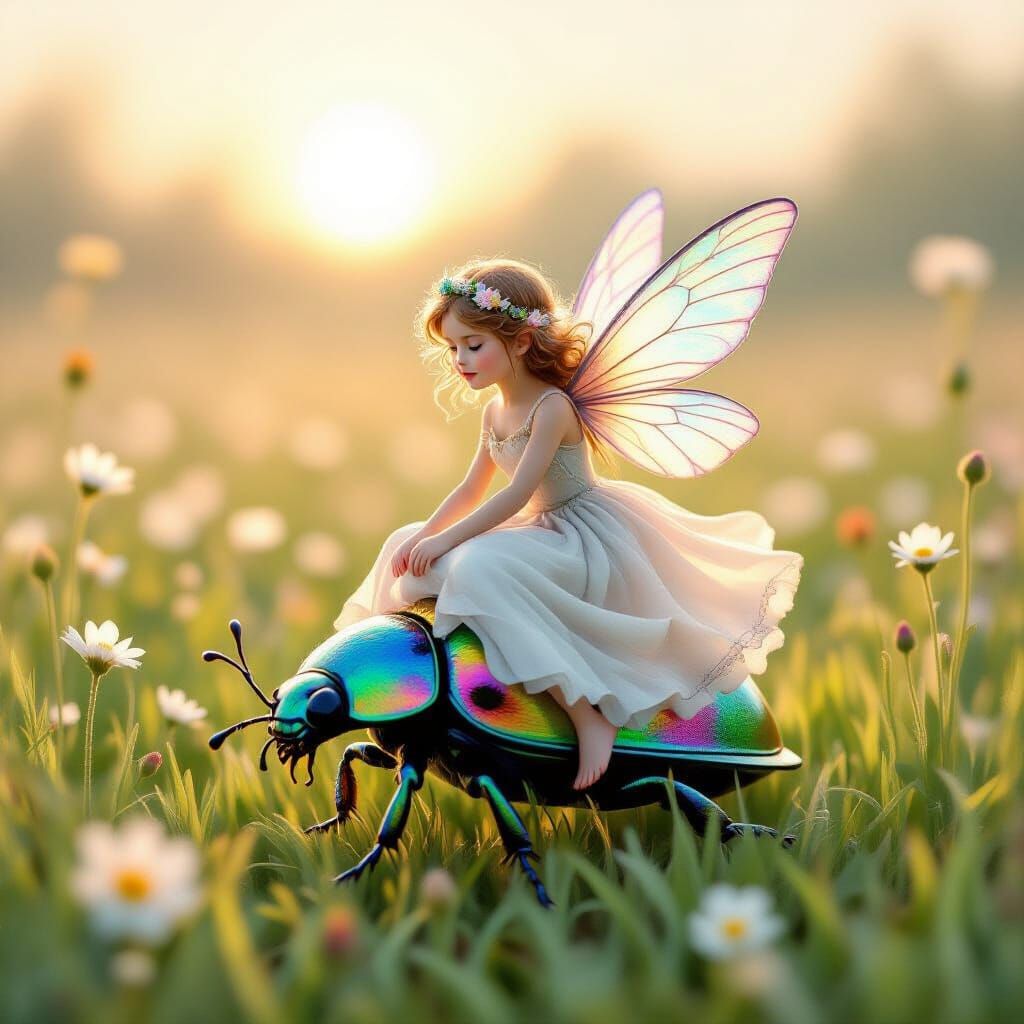 Fairy Rides Iridescent Beetle in Dewy Meadow