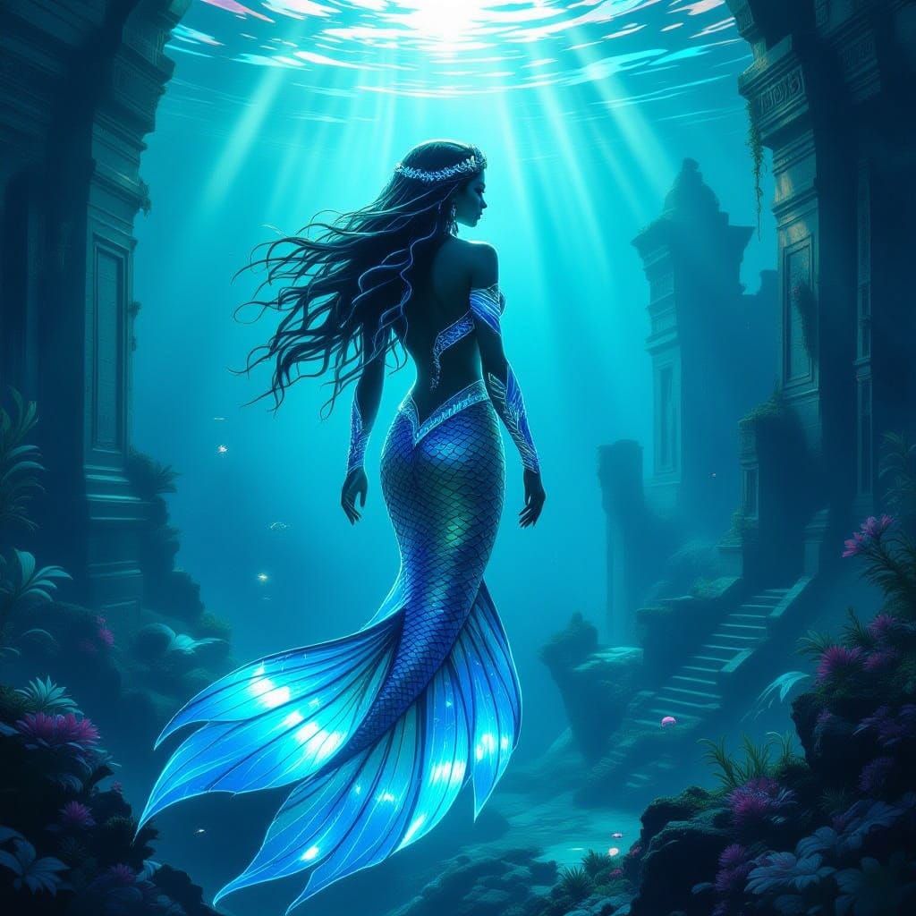 Mermaid Emerges from Alien Sea Among Lost Ruins