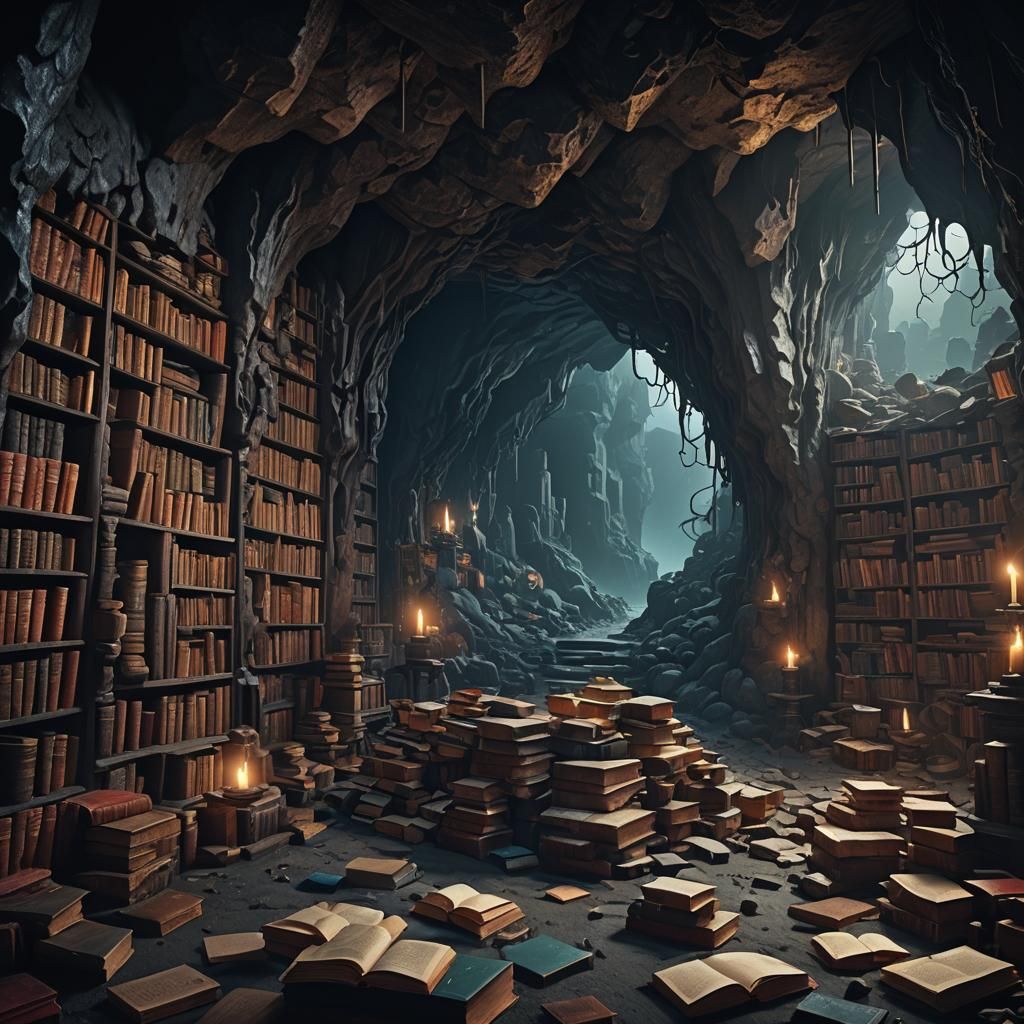 Dark Scary Cave with Books: Matte Painting
