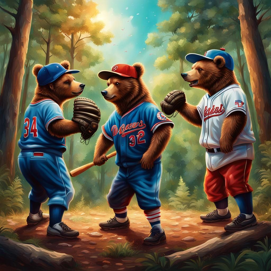 Bears Playing Baseball in Forest: Hyperrealistic Art