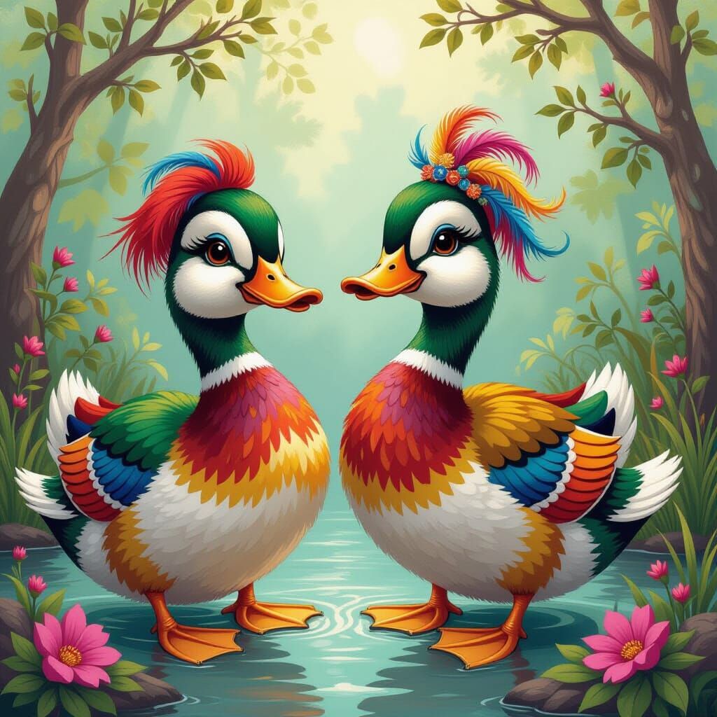 Whimsical Colorful Ducks in Surrealist Fantasy Style