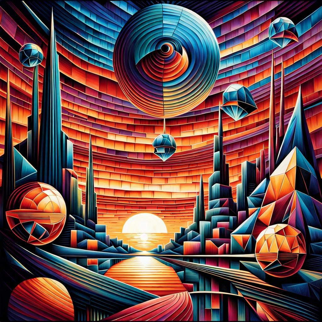 Vibrant Cubist Dawn with Geometric Spheres