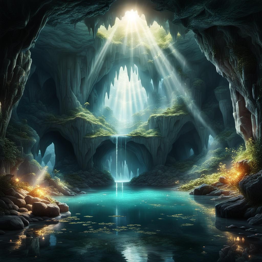 Crystal Cavern with Sunlit Lake: Digital Matte Painting