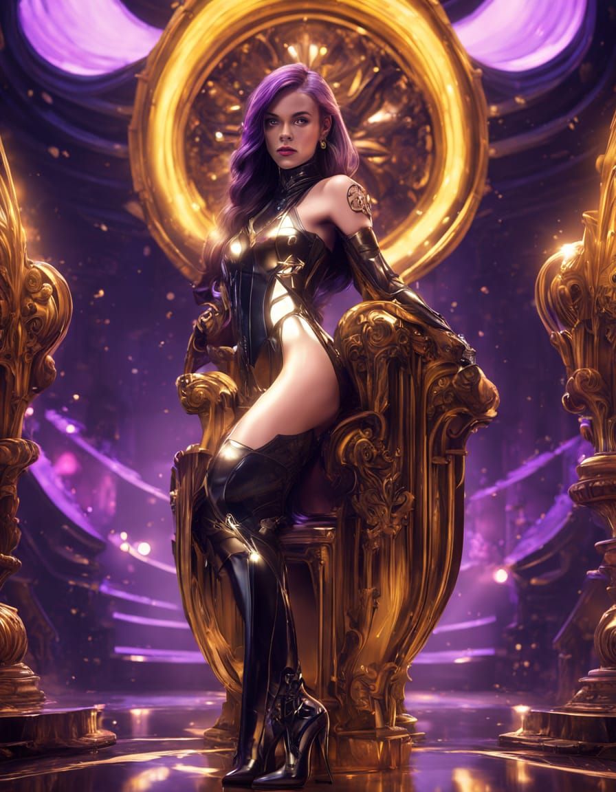 Long, glossy black thigh-high boots hug the legs tightly, wi...