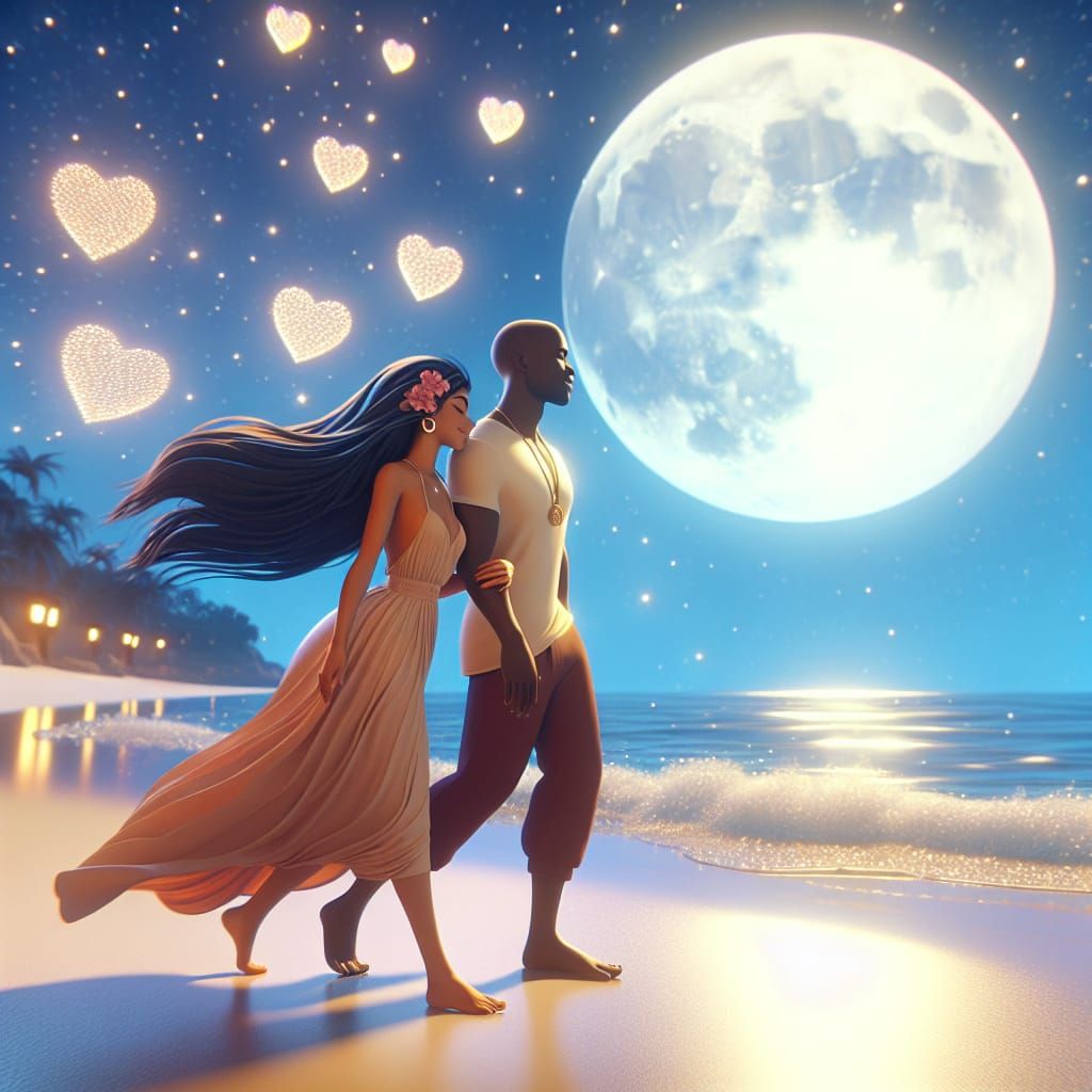 Disney Pixar style 3D silhouette of a woman in a flowing dress and a man, walking on the beach in the moonlight, holdin...