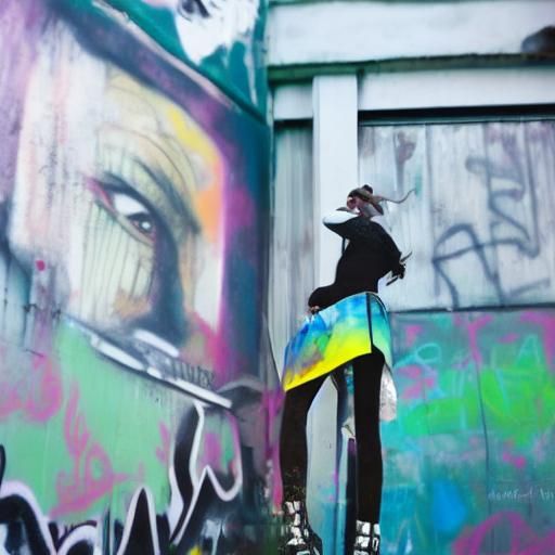 Gothic Beauty Amidst Urban Decay in Charcoal and Spray Paint