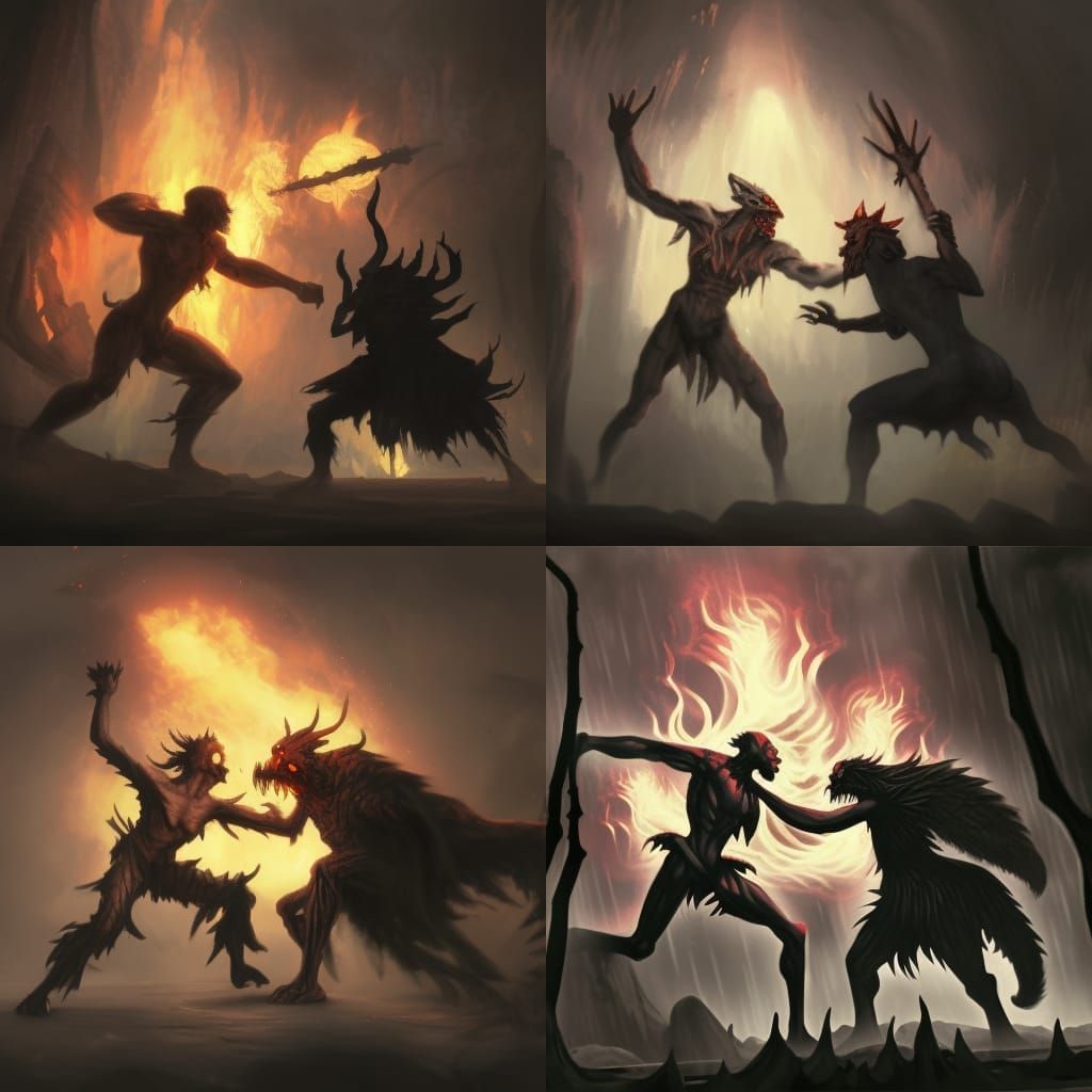 Epic Fire Rock Monster vs Black Demon in Dark Fantasy