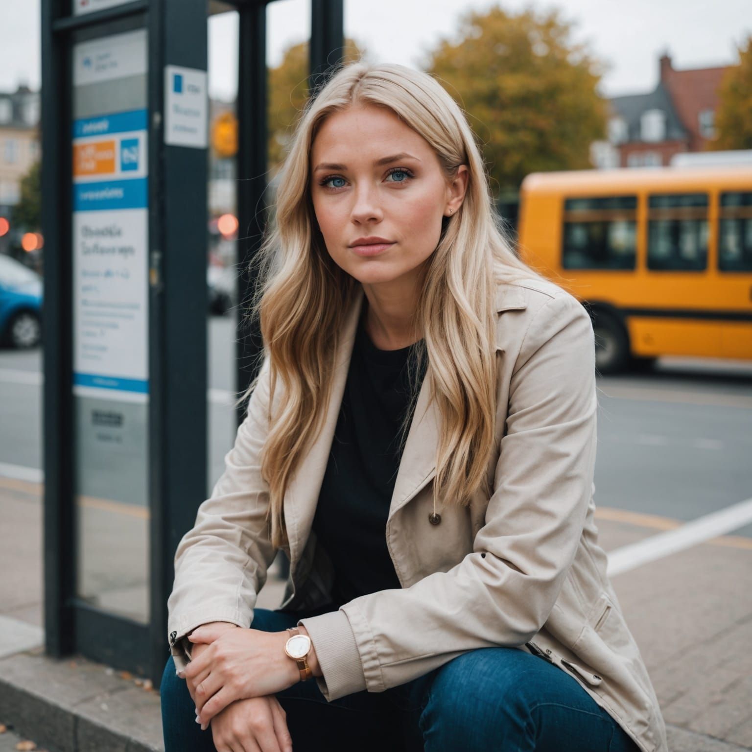 Blonde Woman at Bus Stop in Digital Art