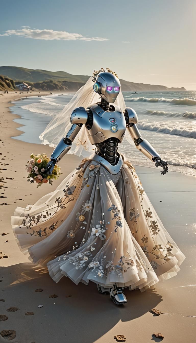 Robot Bride Runs on Beach in Wedding Dress