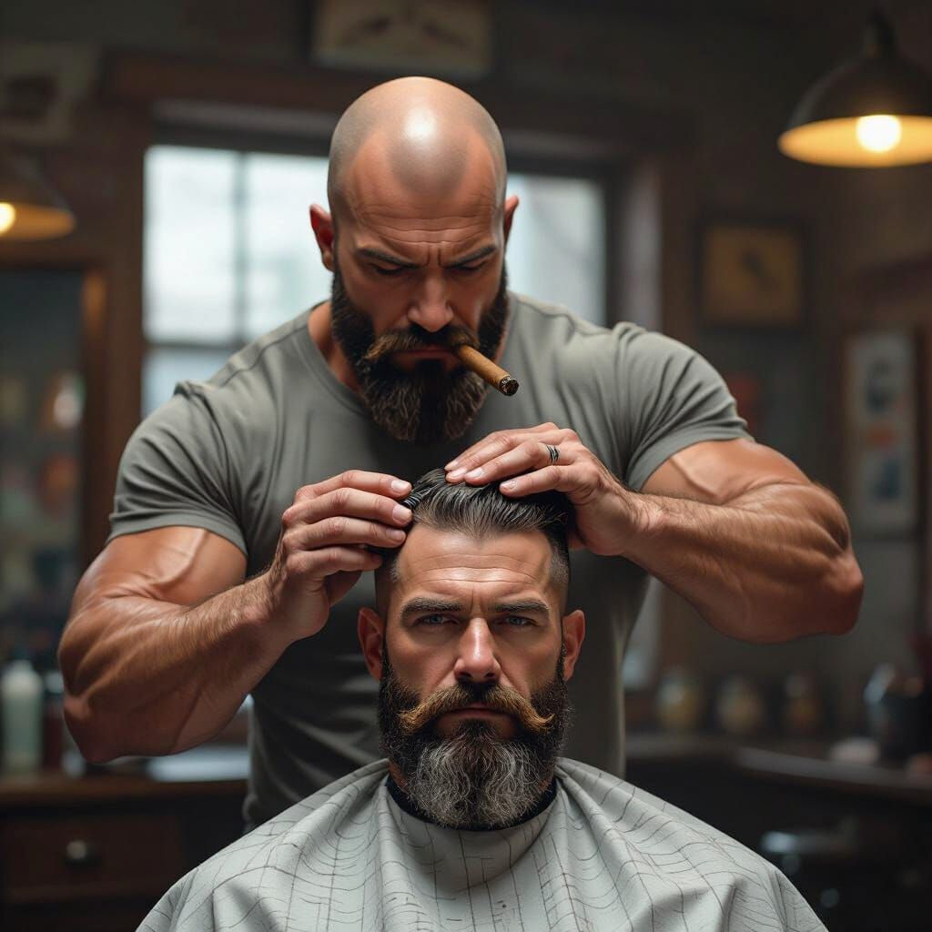 Hyper-Realistic Barber Shaves Muscular Man in Smoky Shop
