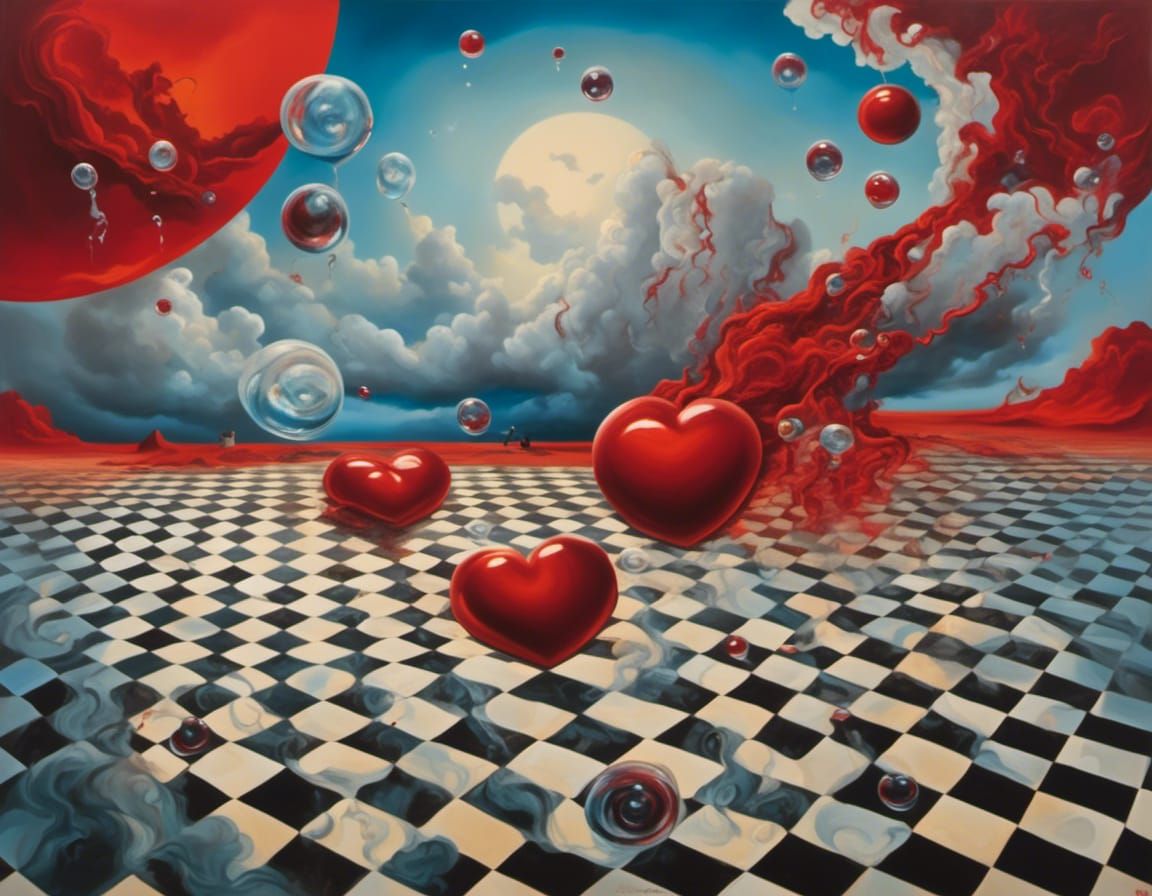 Surreal Landscape with Hearts and Bubbles in Oil