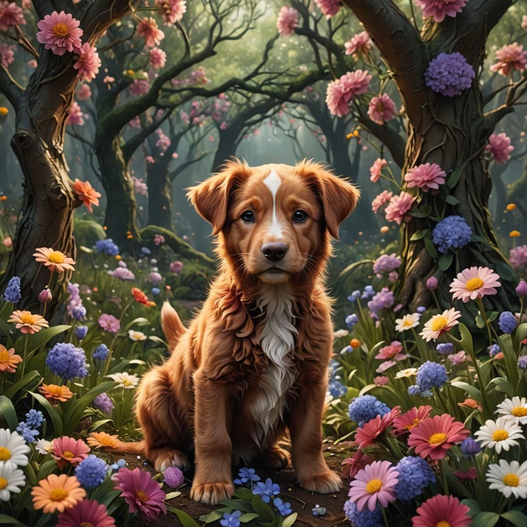 Toller Puppy in Fantastical Flower Forest