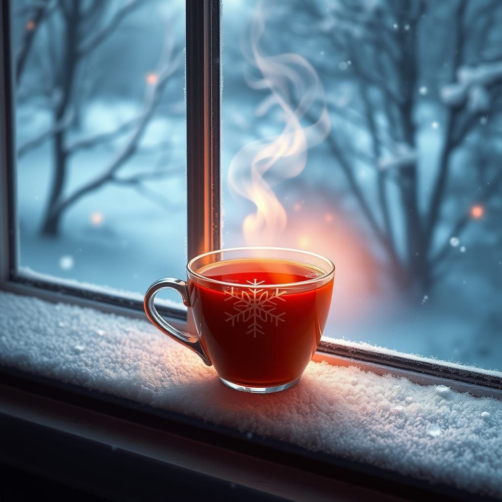 Whimsical Winter Scene with Steaming Tea