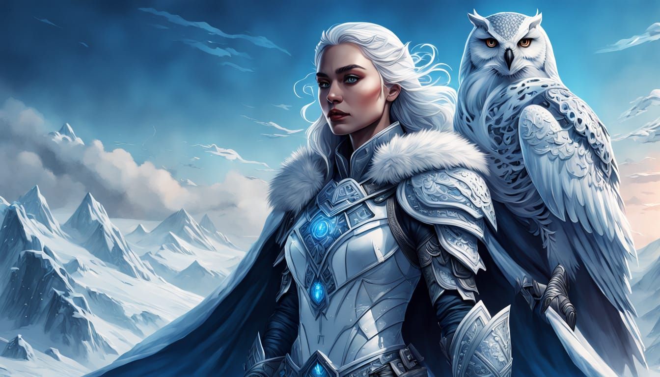 Regal Ice Queen Warrior with Snow Owl and Majestic Eagle
