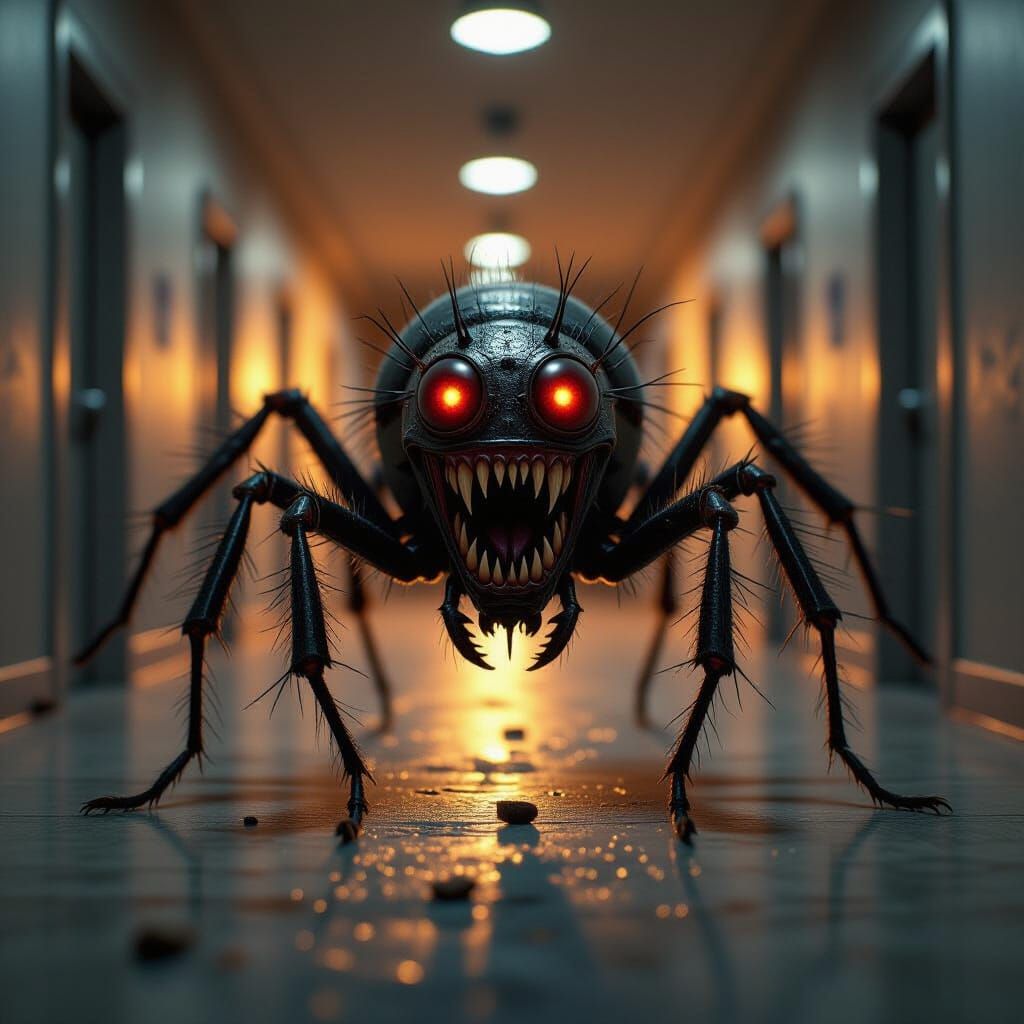 Nightmarish Flea-Hybrid Creature in Dark Hallway