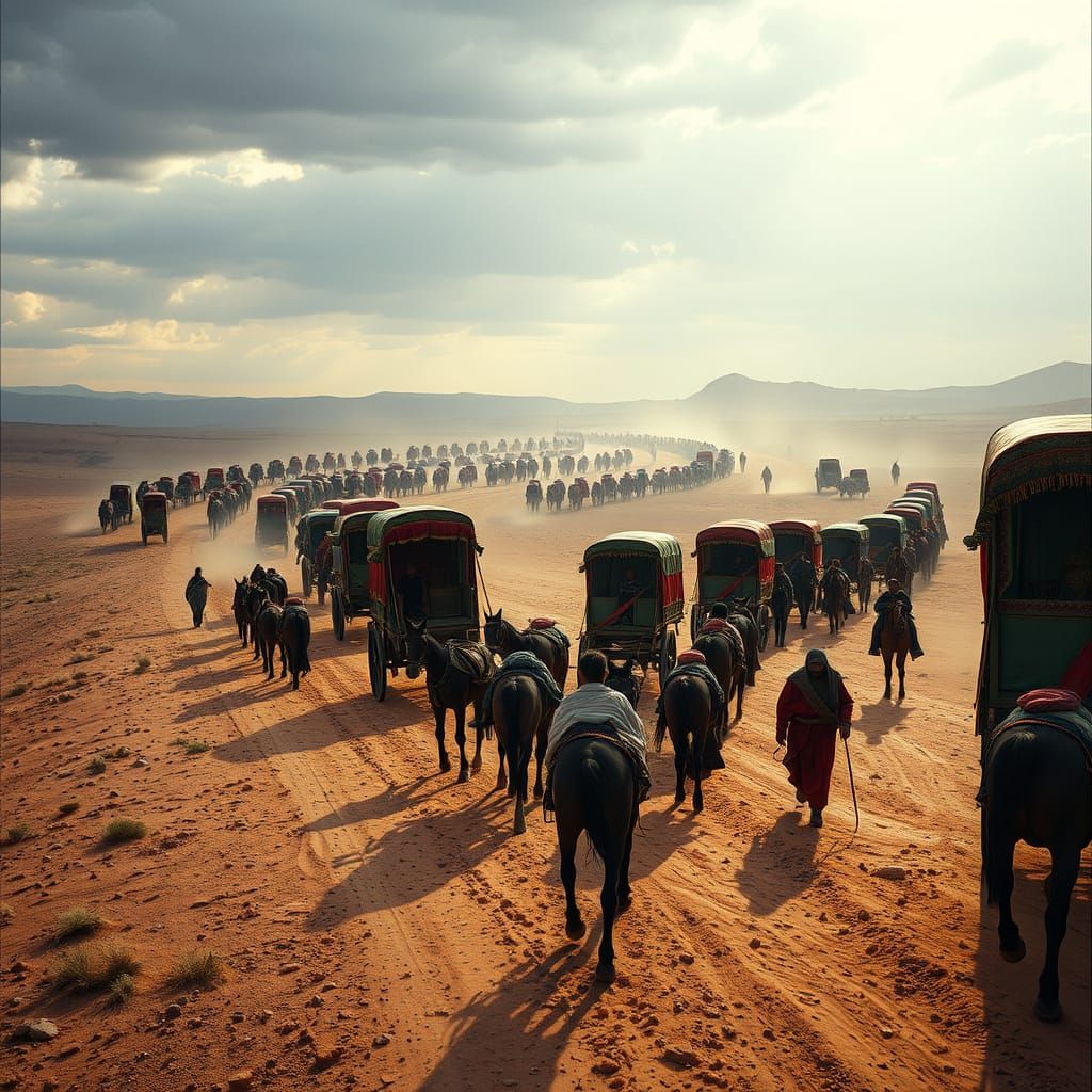 Medieval Nomad Caravan in a Dramatic, Cloudy Sky