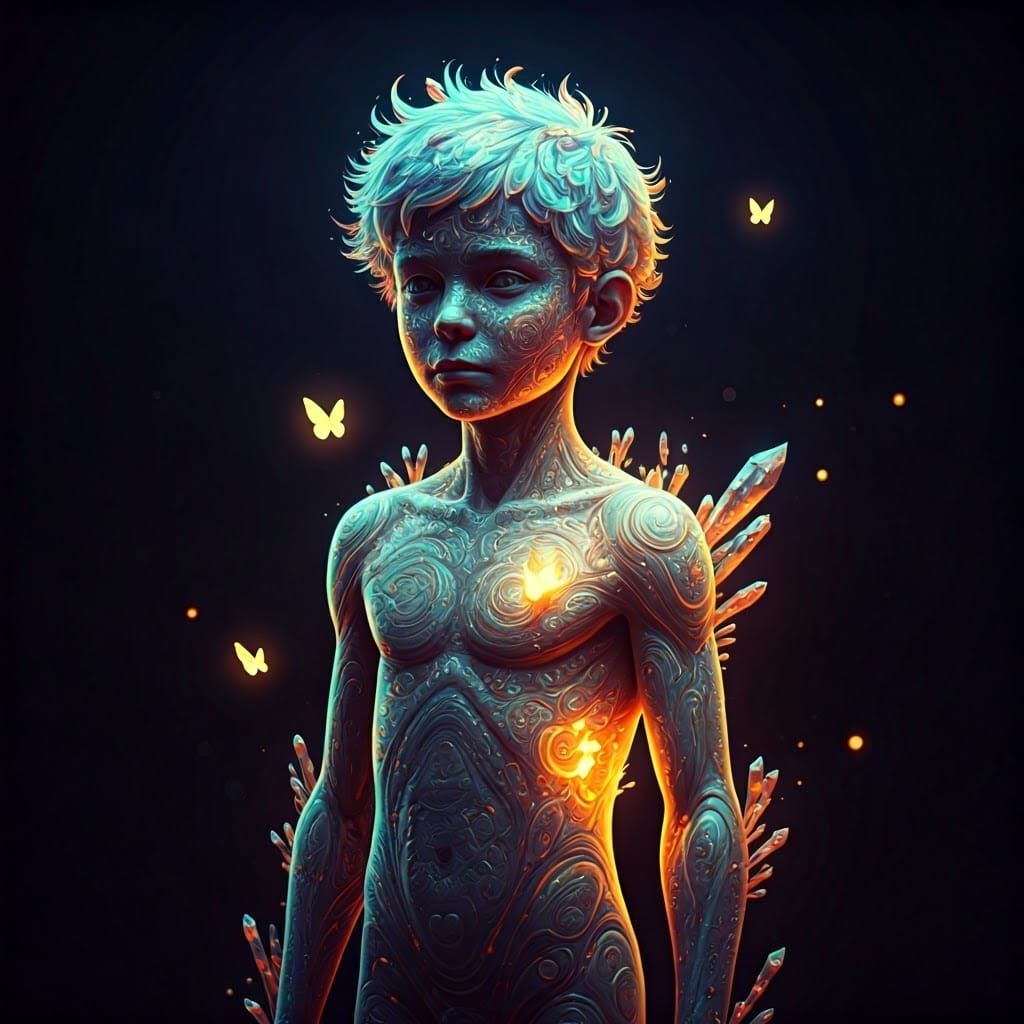 Shimmering Boy Radiates Ethereal Light in Dreamlike Scene