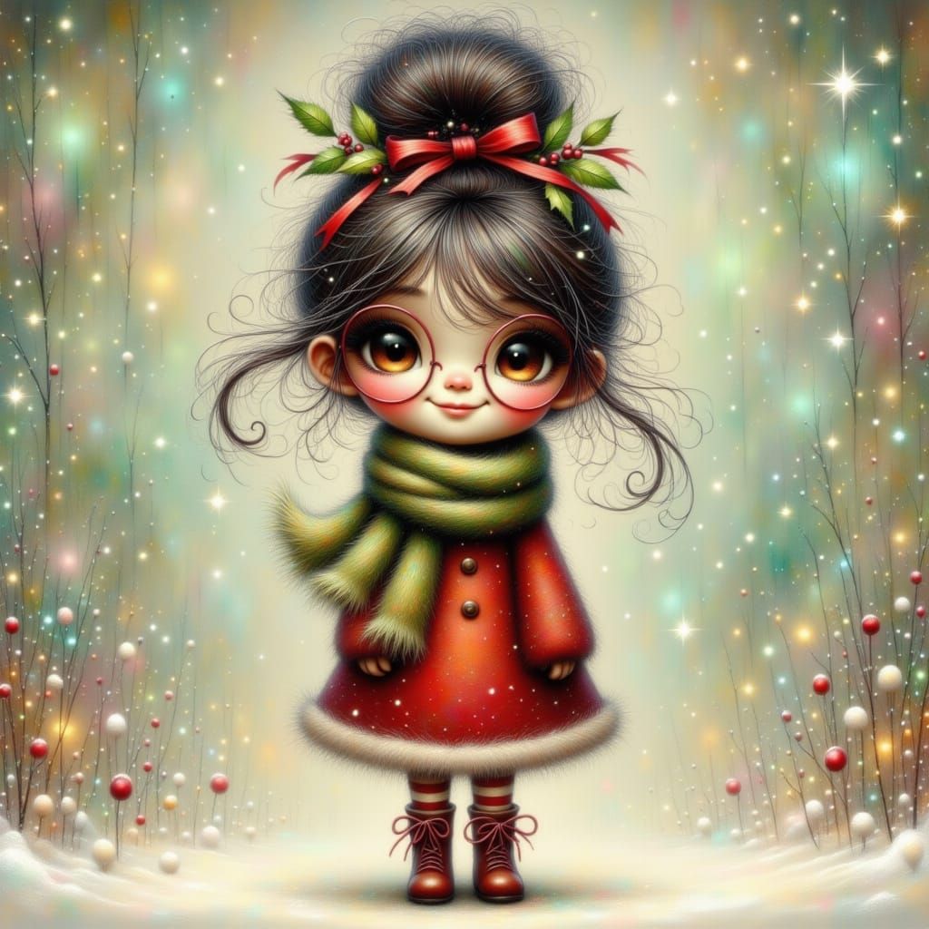 Innocent Girl in Winter Attire with Holly and Ribbons