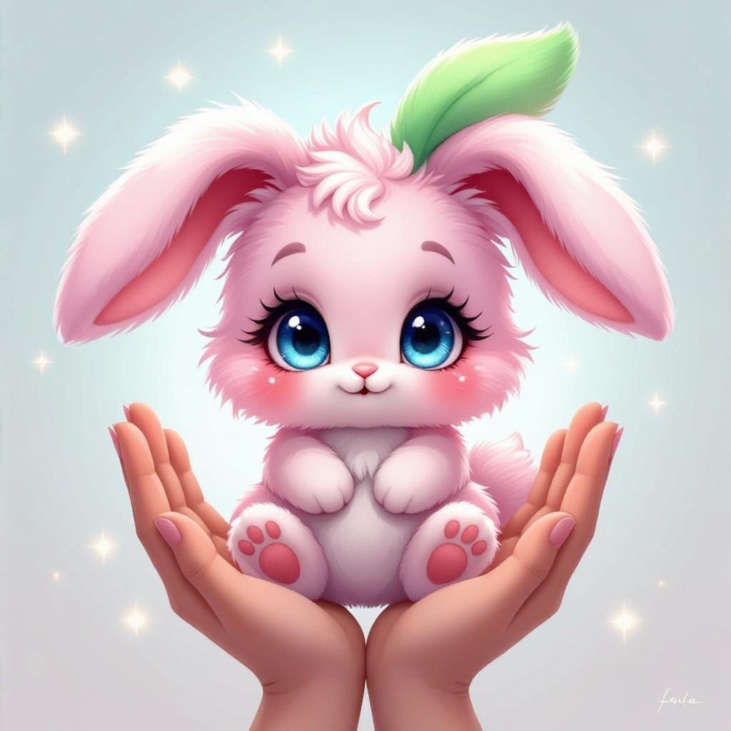 chibi adorable fluffy cute pink bunny with floppy ears and big pooling blue eyes and floppy green and pink ears sitting ...
