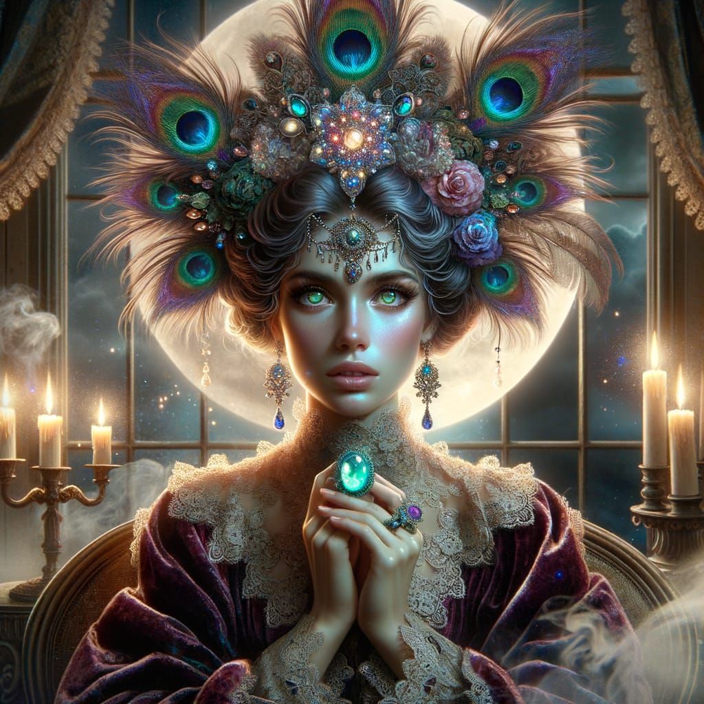 Victorian Sorceress with Peacock Feather Headdress in Moonli...