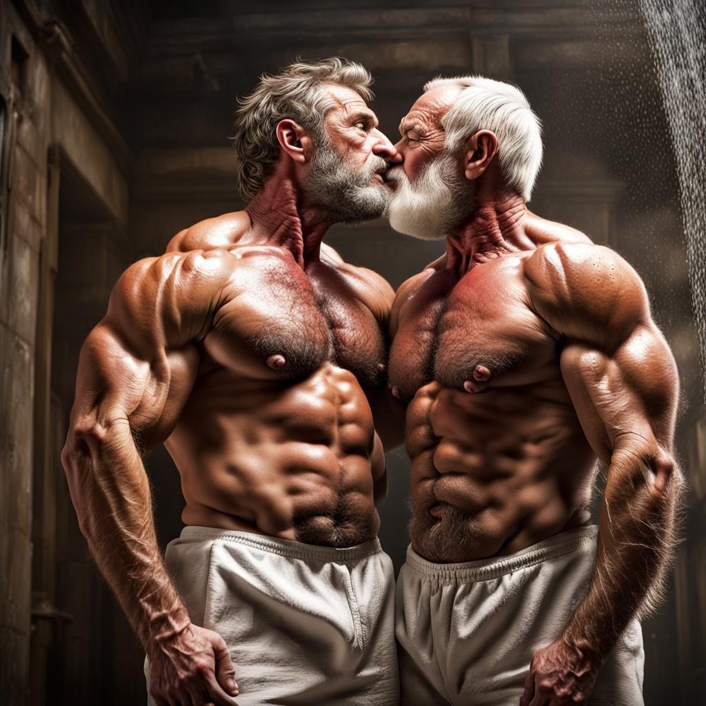 Rugged Bodybuilders Embrace: A Detailed Matte Painting