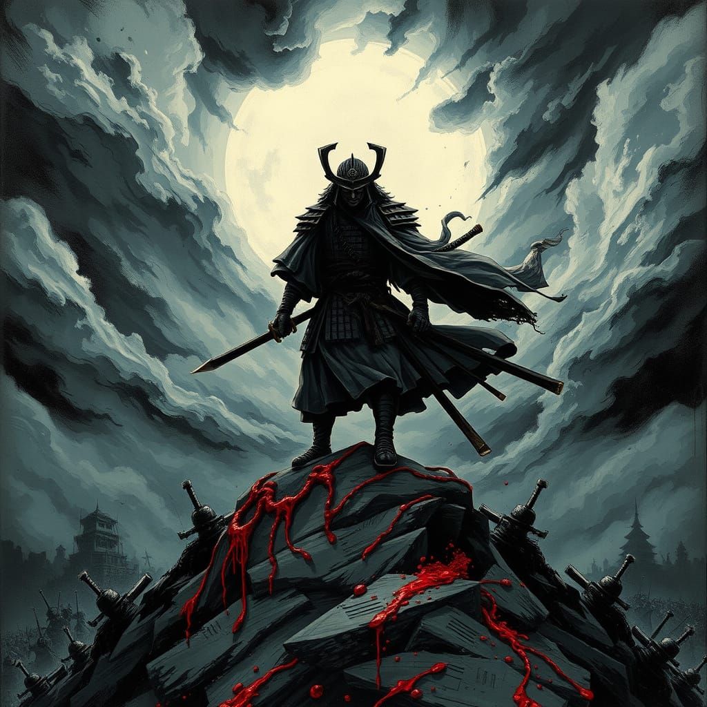 Samurai Warrior on Windswept Hill in Gothic Horror Style