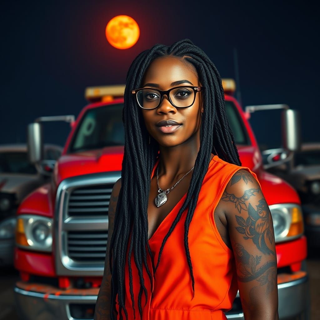 Vibrant African Woman in Orange Jumpsuit, Bespectacled, with...