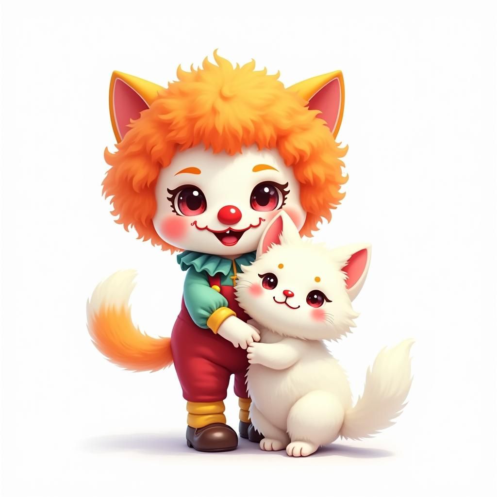 Chibi Clown Cat with Glowing Companion, Digital Painting