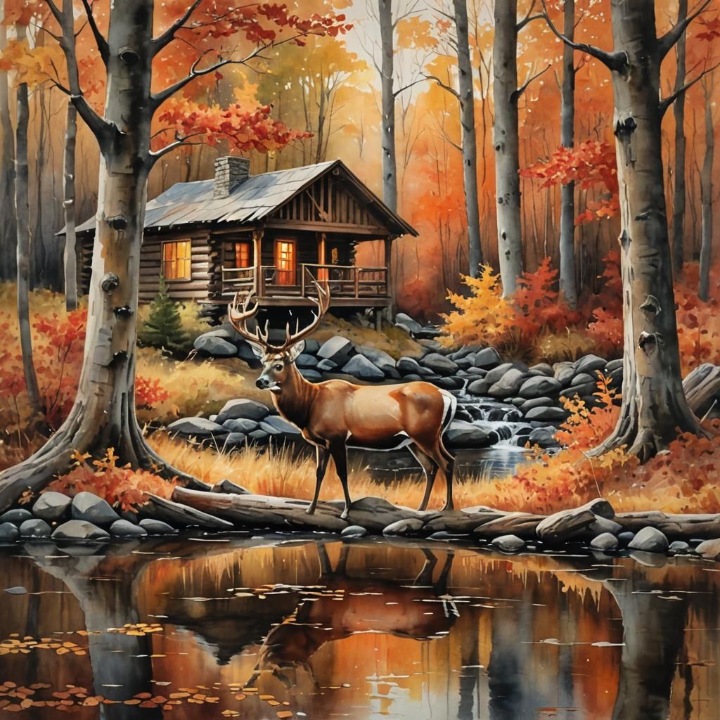Rustic Cabin in Fall Forest, Antique Watercolor