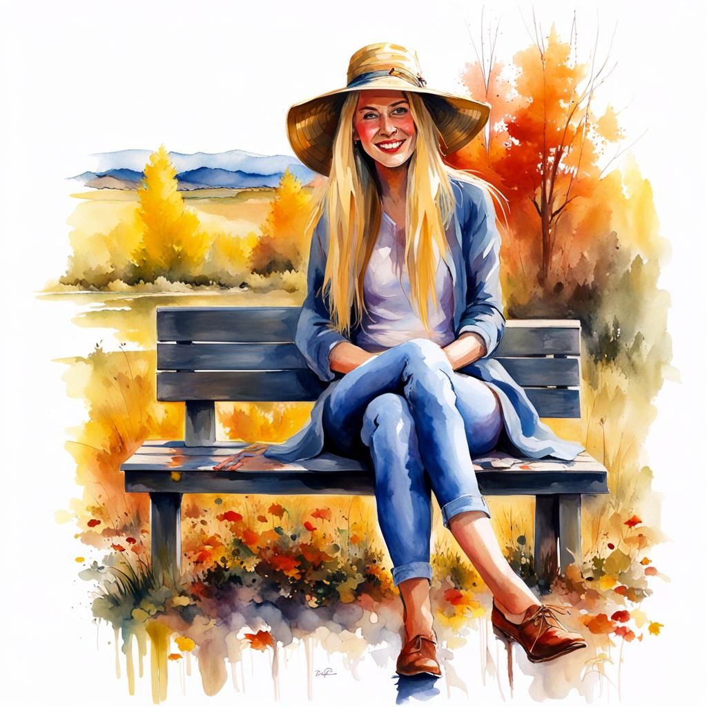 Blonde Woman in Autumn Landscape: Watercolor Splash Art