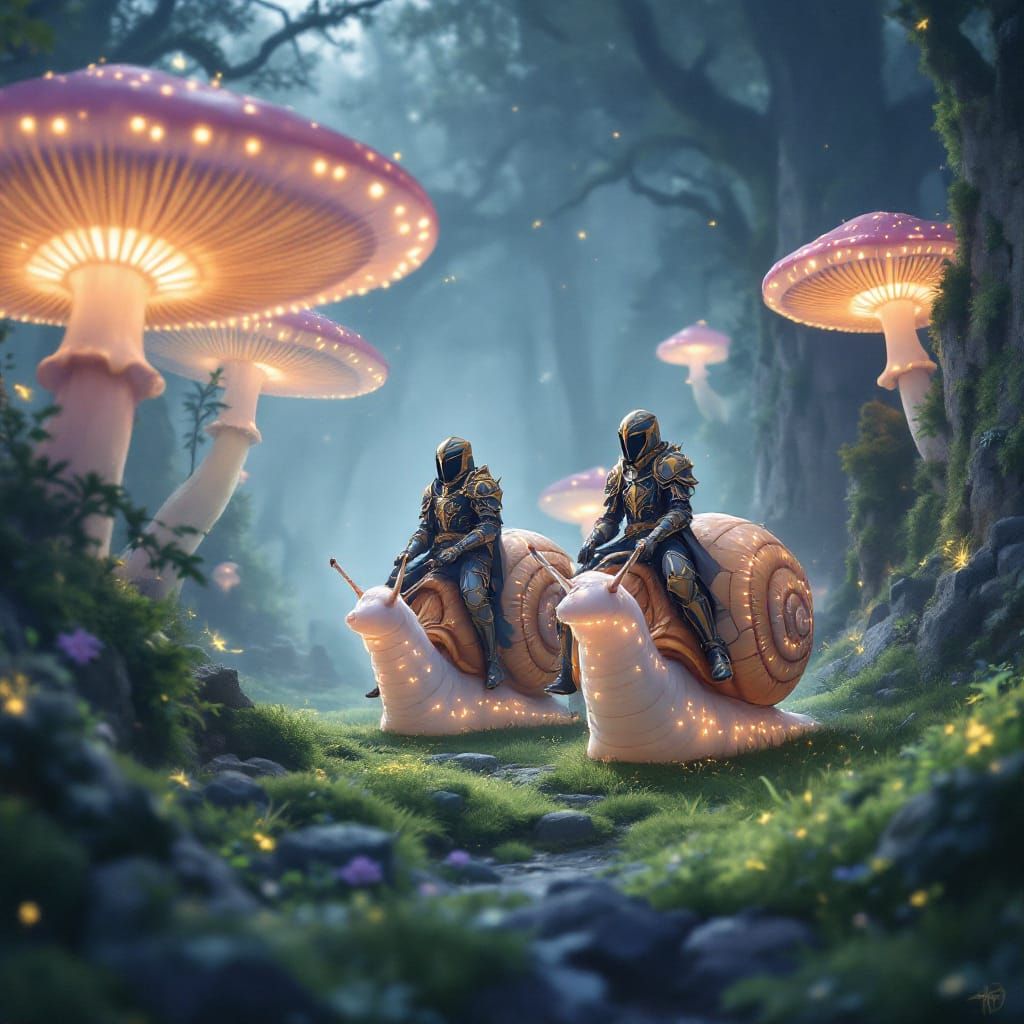 Knights Ride Glowing Snails in Enchanted Forest