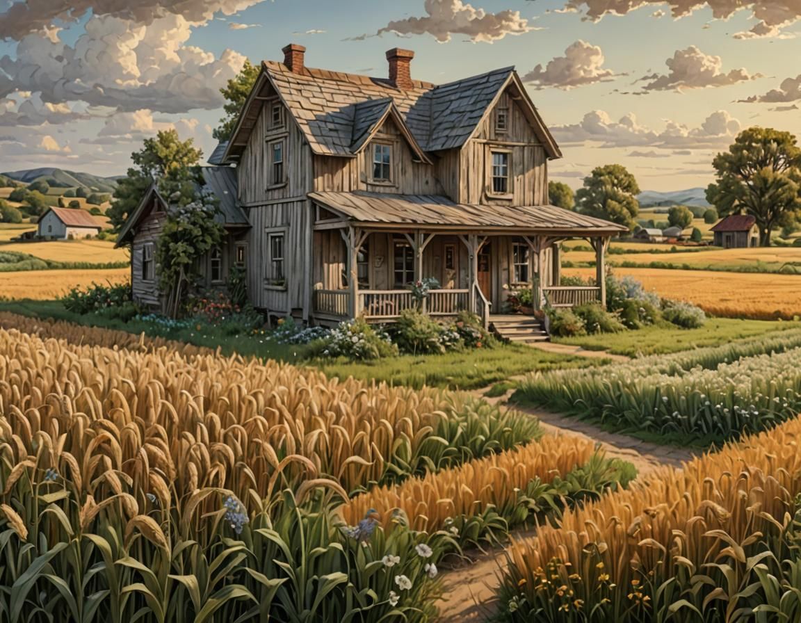 Vintage Farmhouse and Wheat Fields Masterpiece