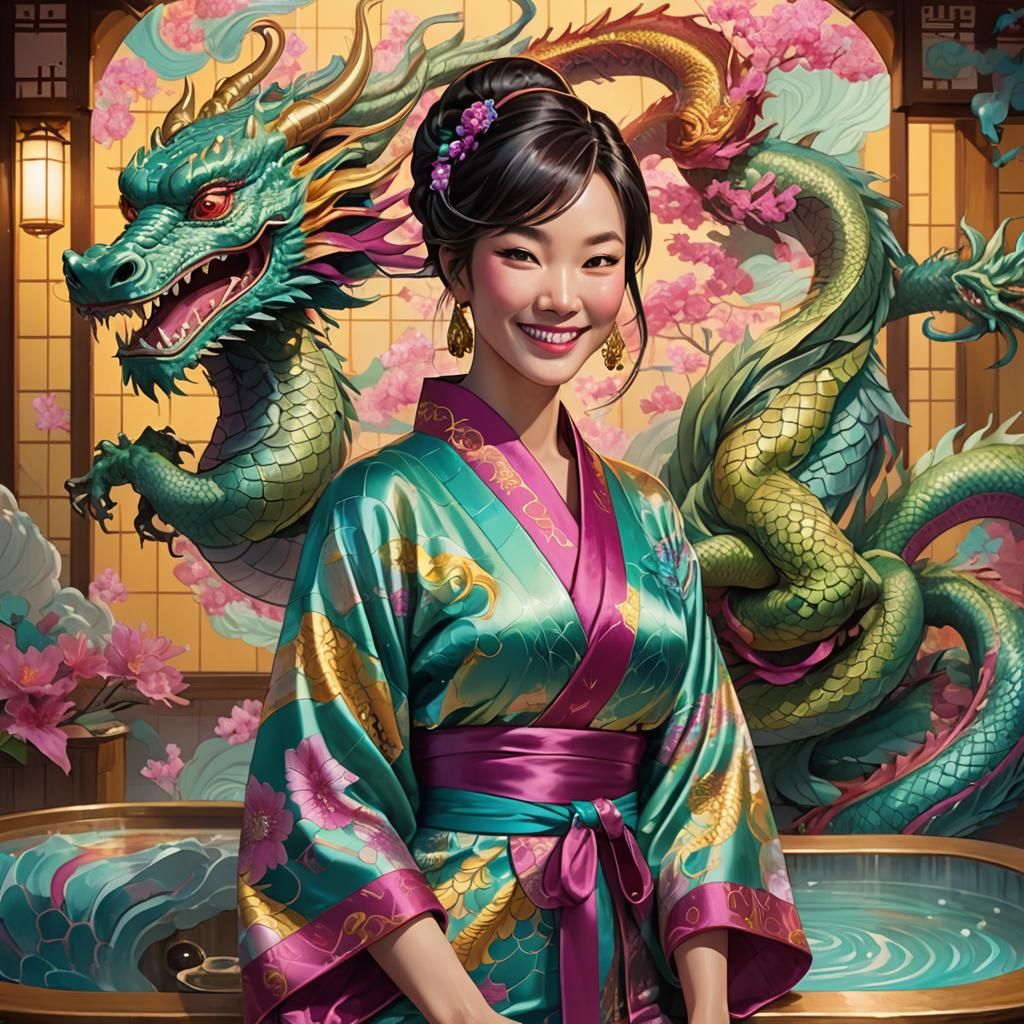 Woman in Kimono with Dragon, Fantasy Concept Art