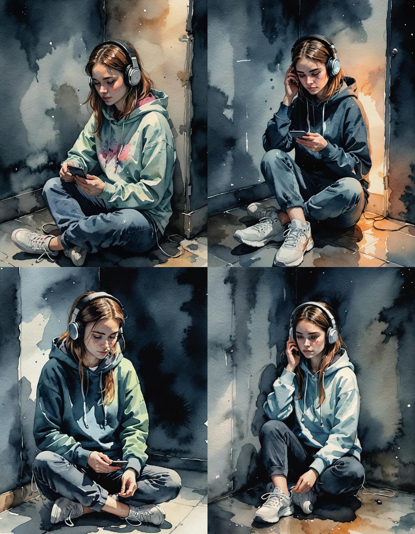 Girl with Headphones in Dark Corner, Watercolor Style