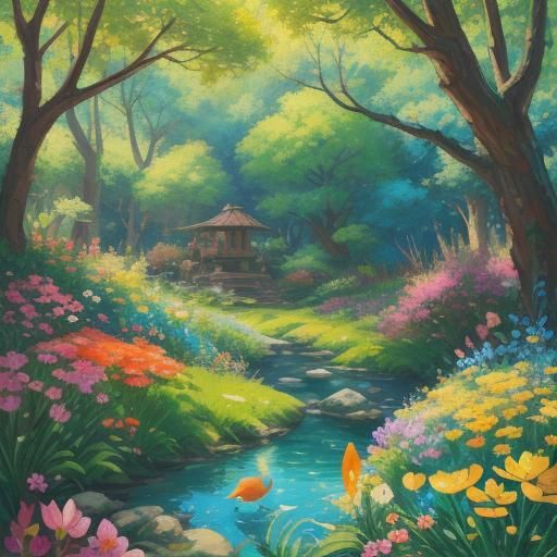 Happy Cartoon Fish in Impressionist Landscape