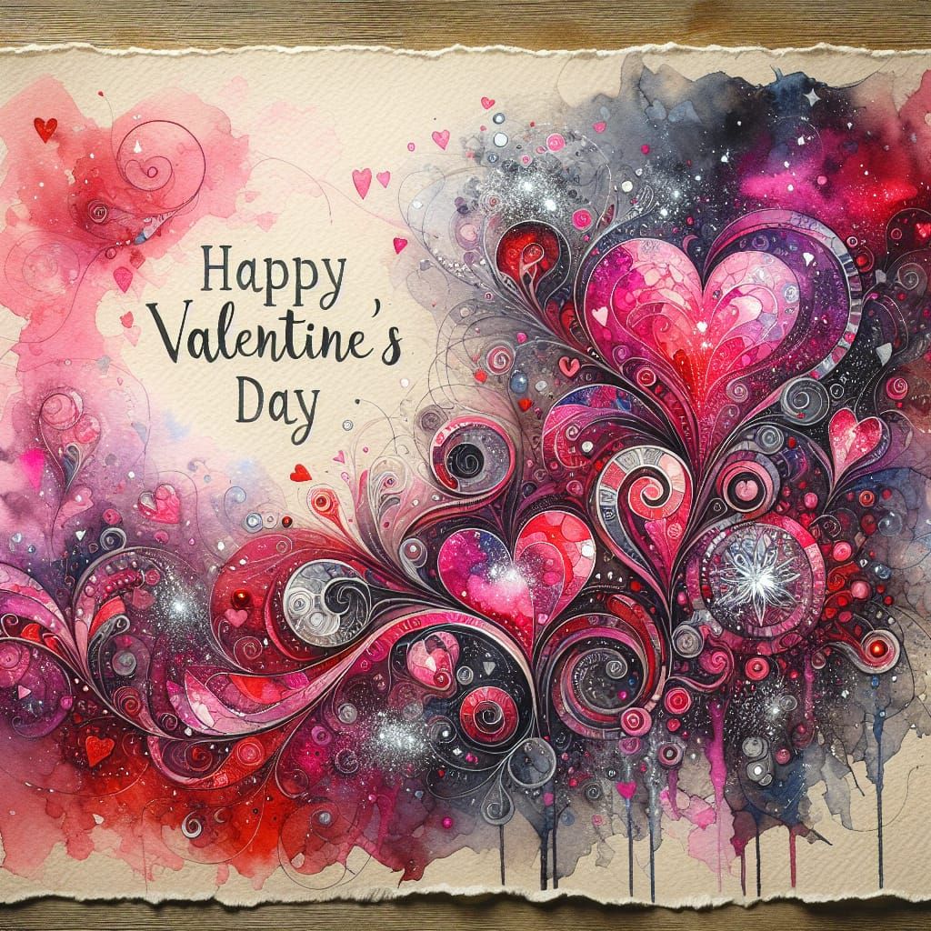 Romantic Watercolor Painting with Abstract Hearts and Sparkl...