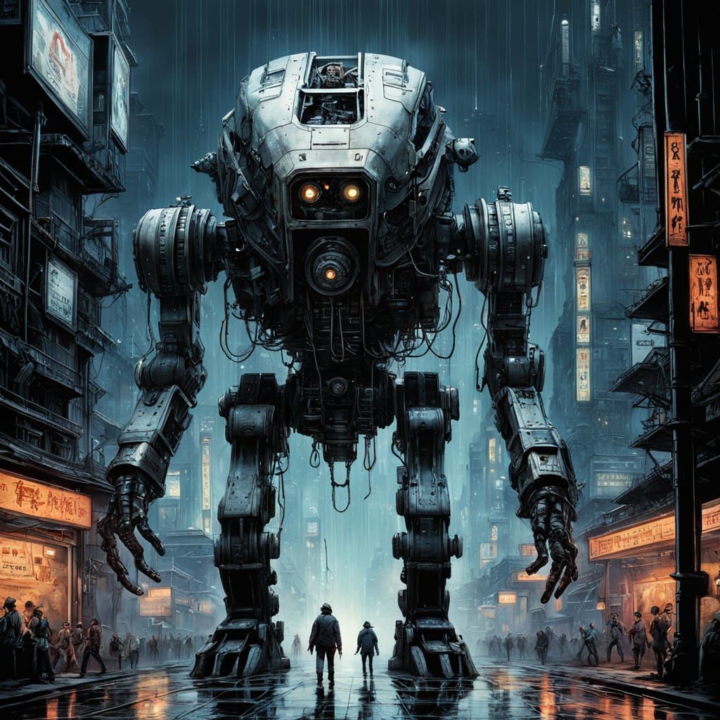 Gigantic Robot Foot Looms Over Frantic Crowd in Cyberpunk Ap...