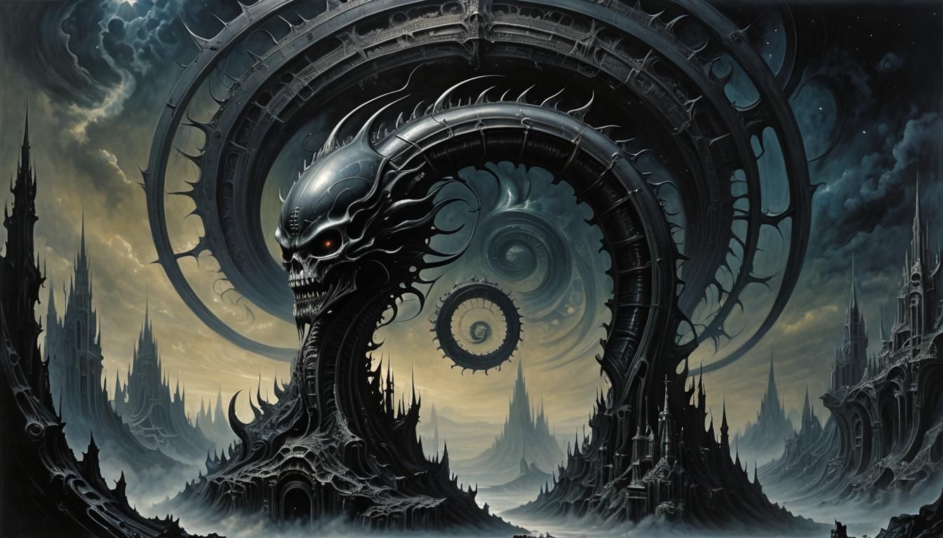 Seven-Tailed Demon Floating in Space with Nebulae