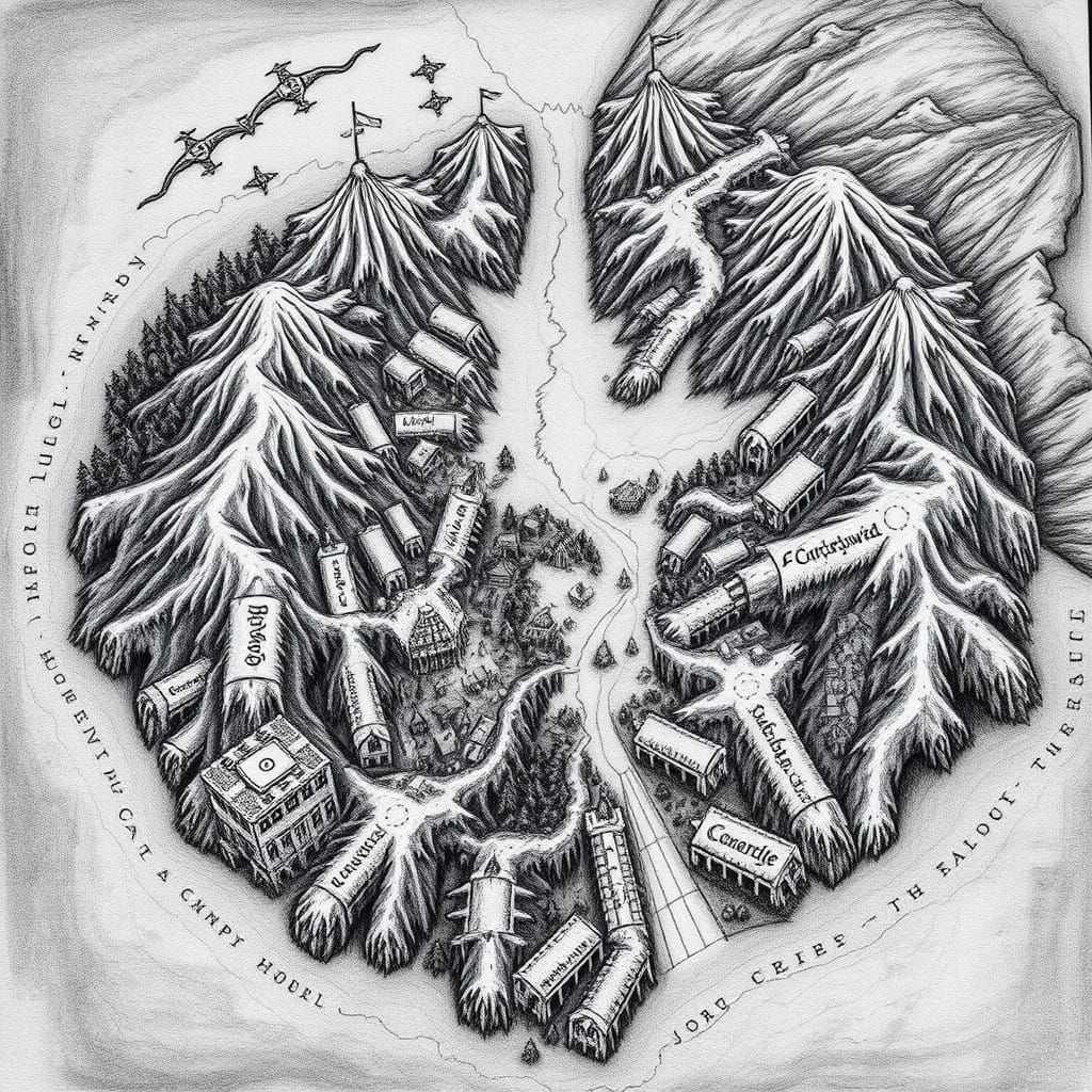 Mystical Greek Camp Map in Charcoal Drawing Style