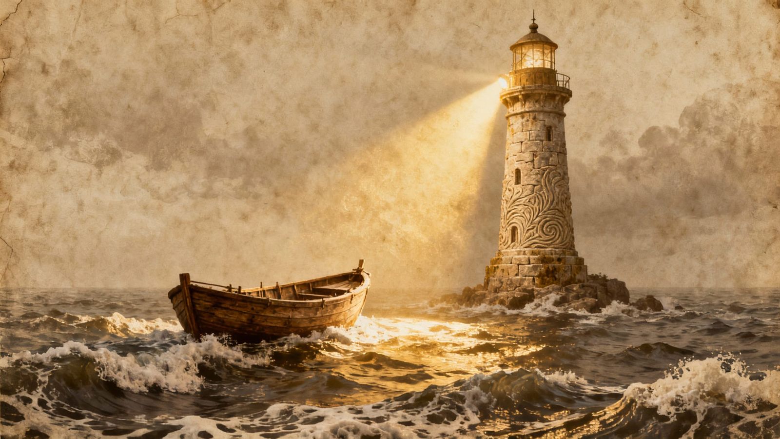 Vintage Lighthouse Guides Boat on Textured Sea