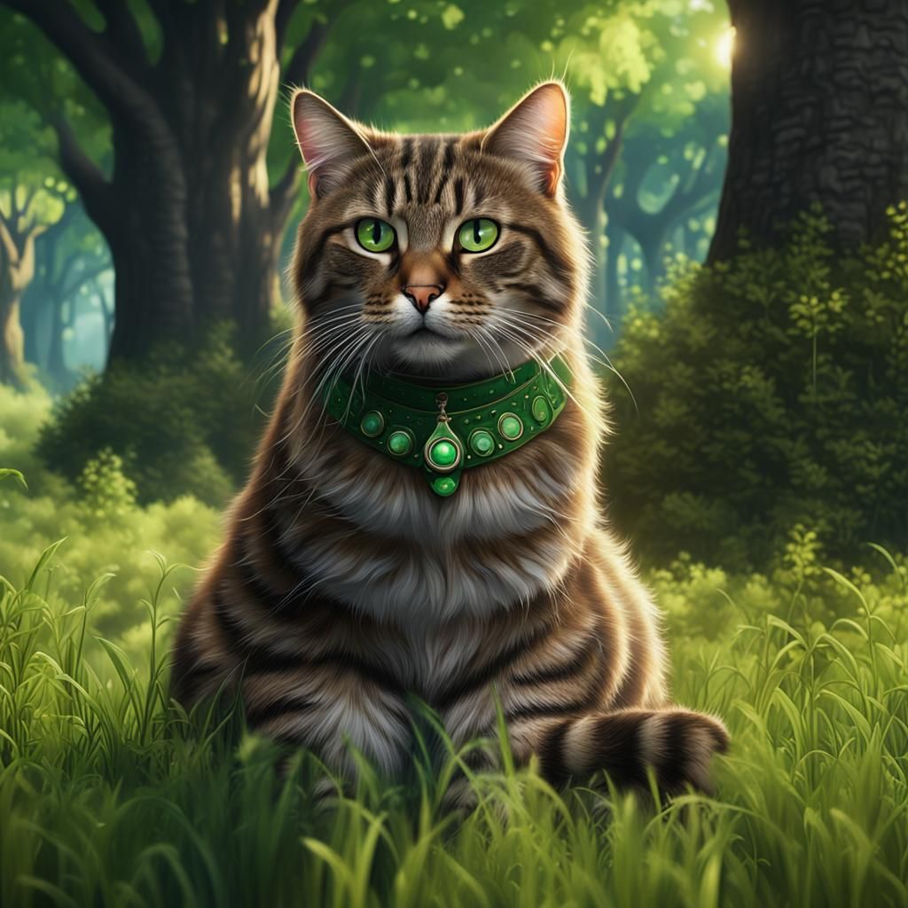 Brown Tabby Cat in Detailed Fantasy Landscape