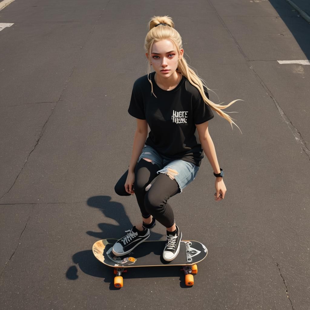 Skater Girl with Blonde Pigtails: Detailed Matte Painting