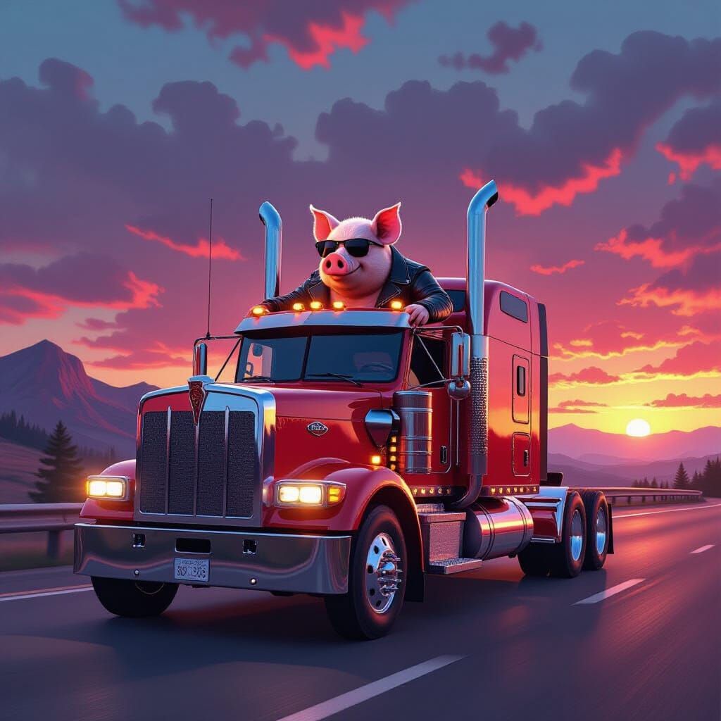 Muscular Pig Drives Red Semi Truck at Sunset